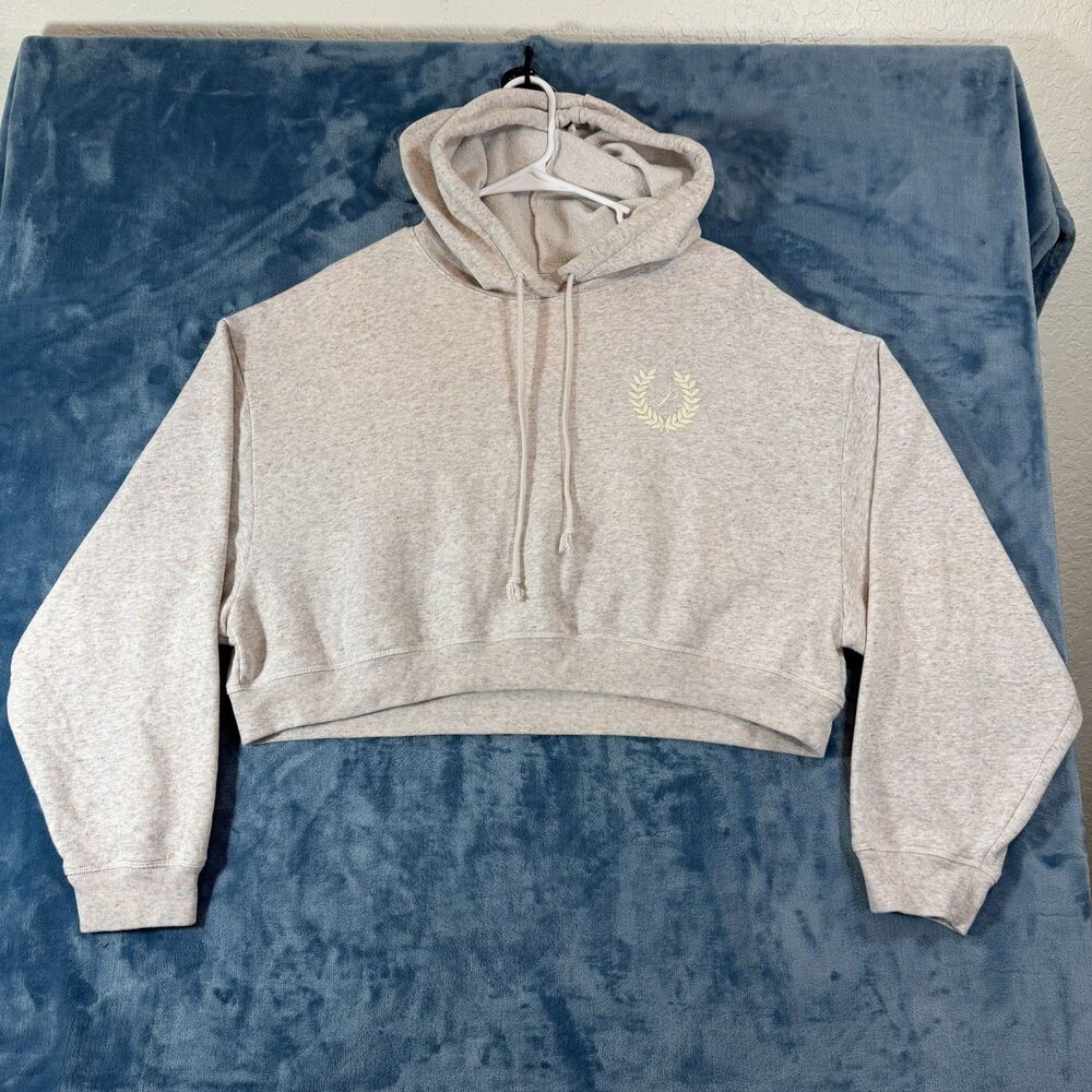 PINK Victoria's Secret Cropped Hoodie XL Gray Oatmeal Laurel Wreath Fleece